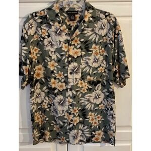 Prime Elements Mens Silk Aloha Hawaiian Shirt Green Floral Short Sleeve Size M